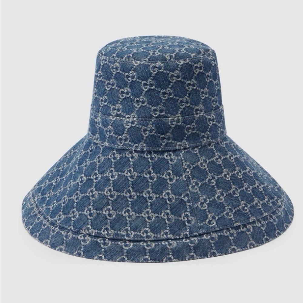 Gucci GG Denim Monogram Bucket Hat Wide Large Brim Navy Blue Jacquard Beach - Picture 9 of 16